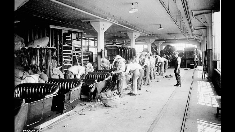 Highland Park, MI assembly line early 1900s