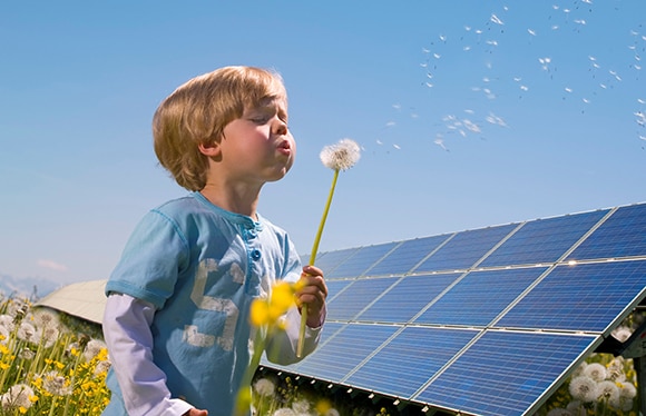 Boy blowing dandelion near a solar panel