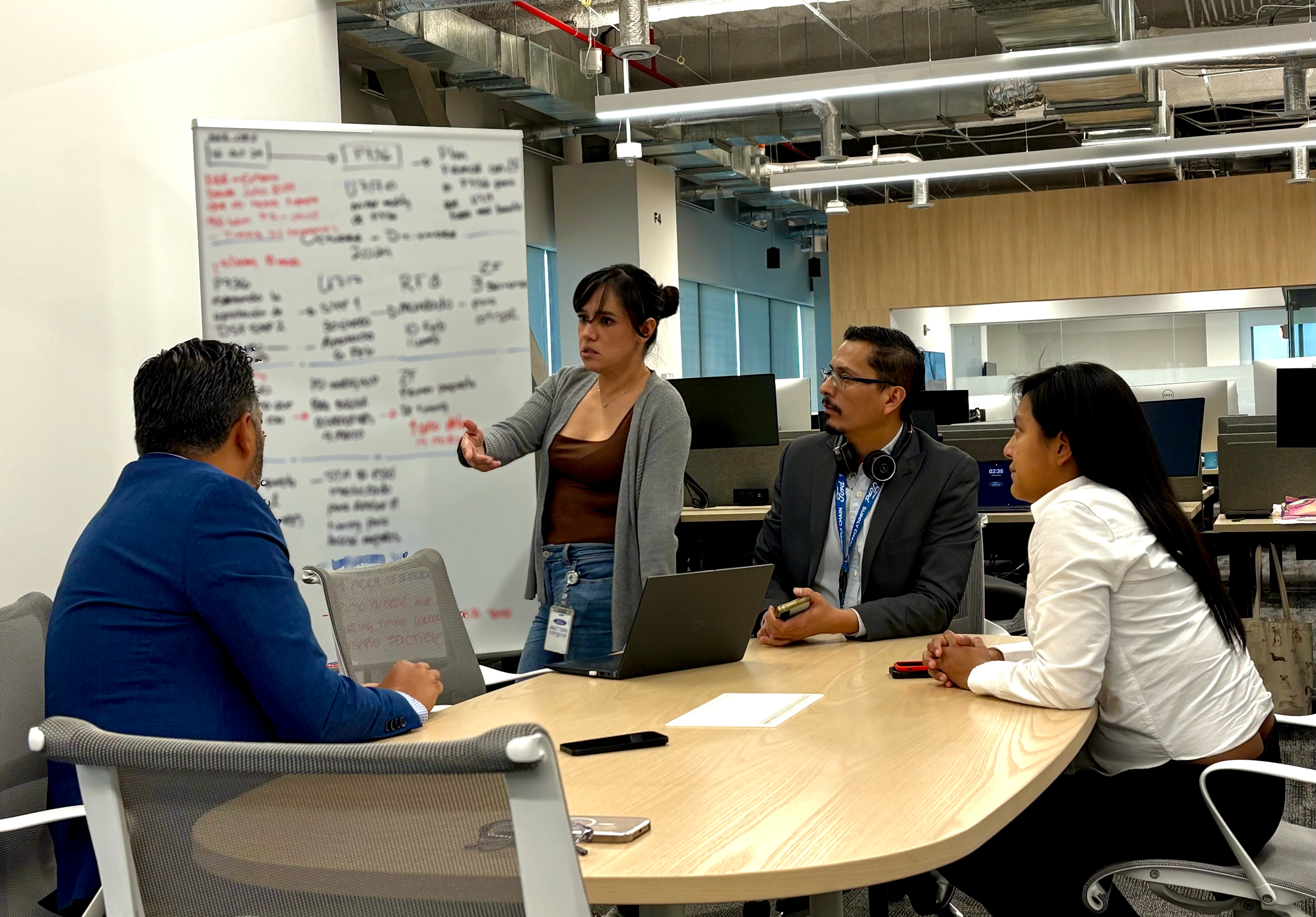 Four employees discussing topic around a table in front of a whiteboard.