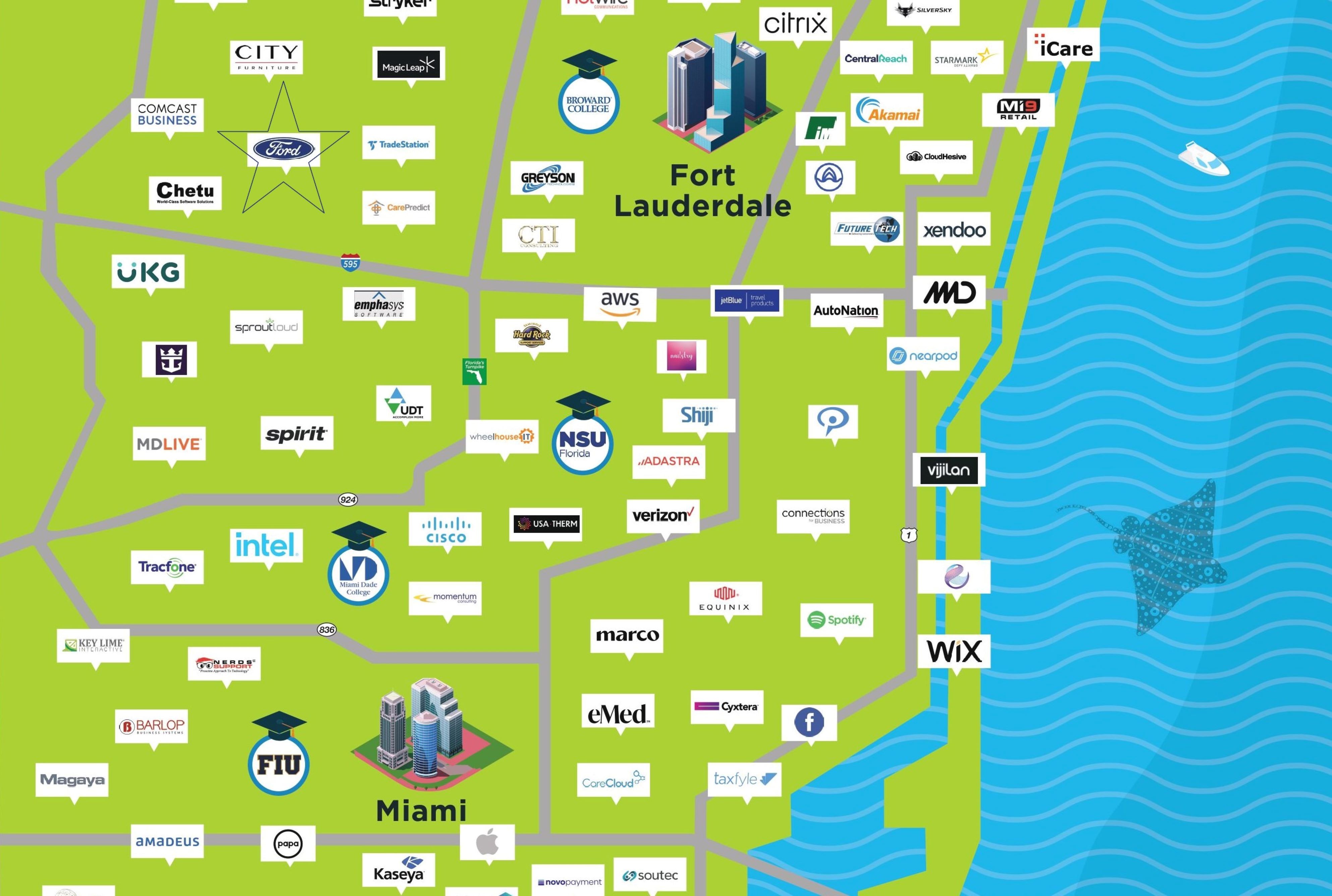 Map of Southern Florida highlighting major tech businesses, showcasing Ford location for tech talent.