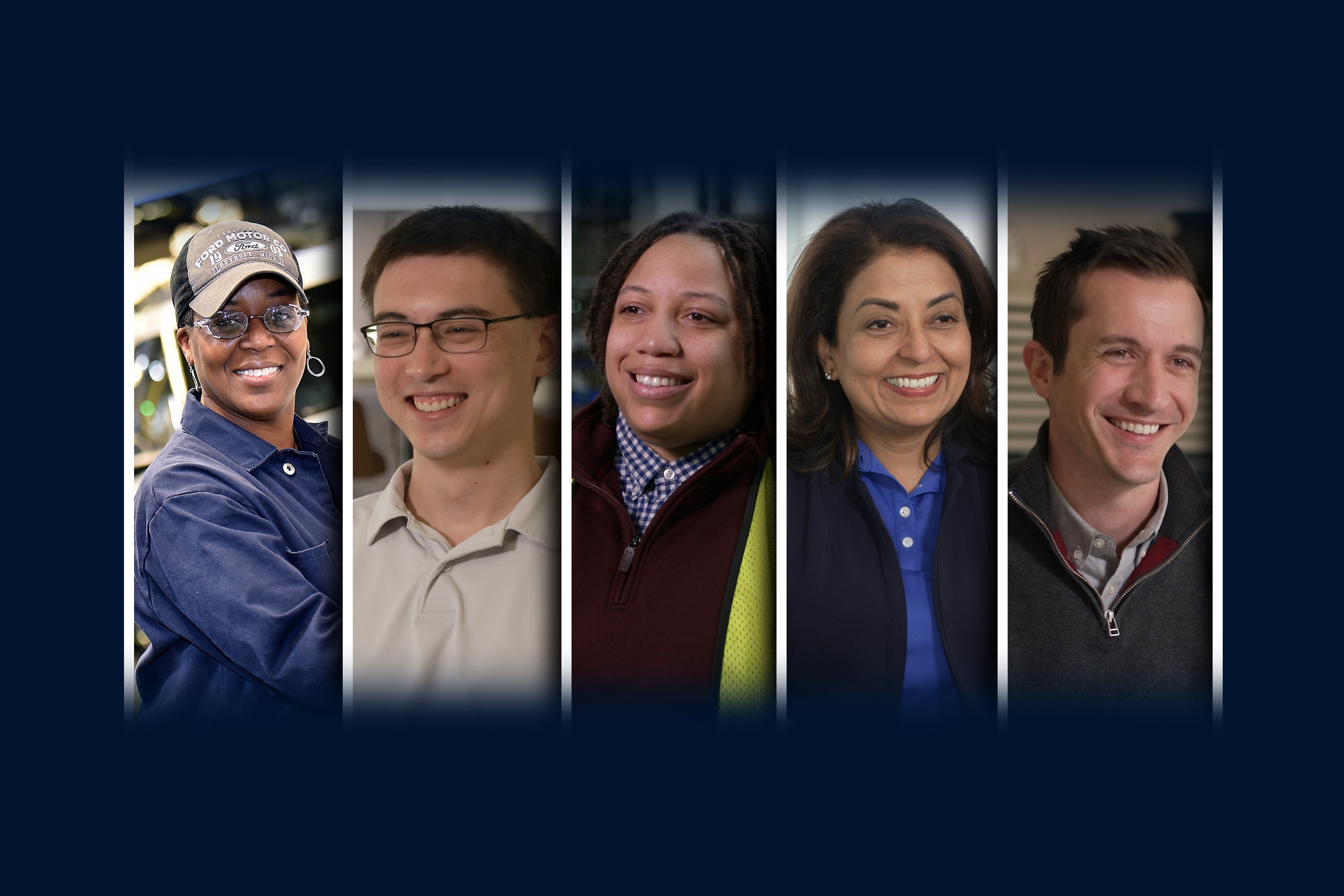 A group of Ford employees posing for a selfie in front of a wall with Ford vehicle designs